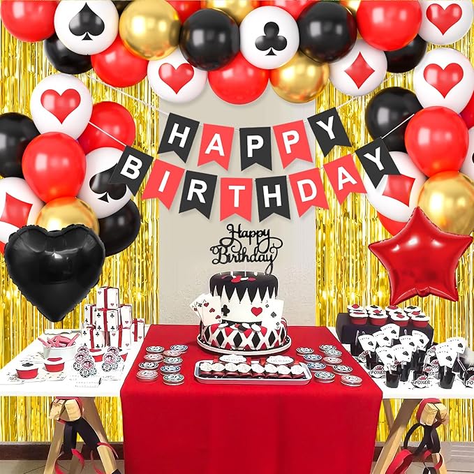 Casino Theme Party Decorations Red Black Gold Poker Balloons Happy