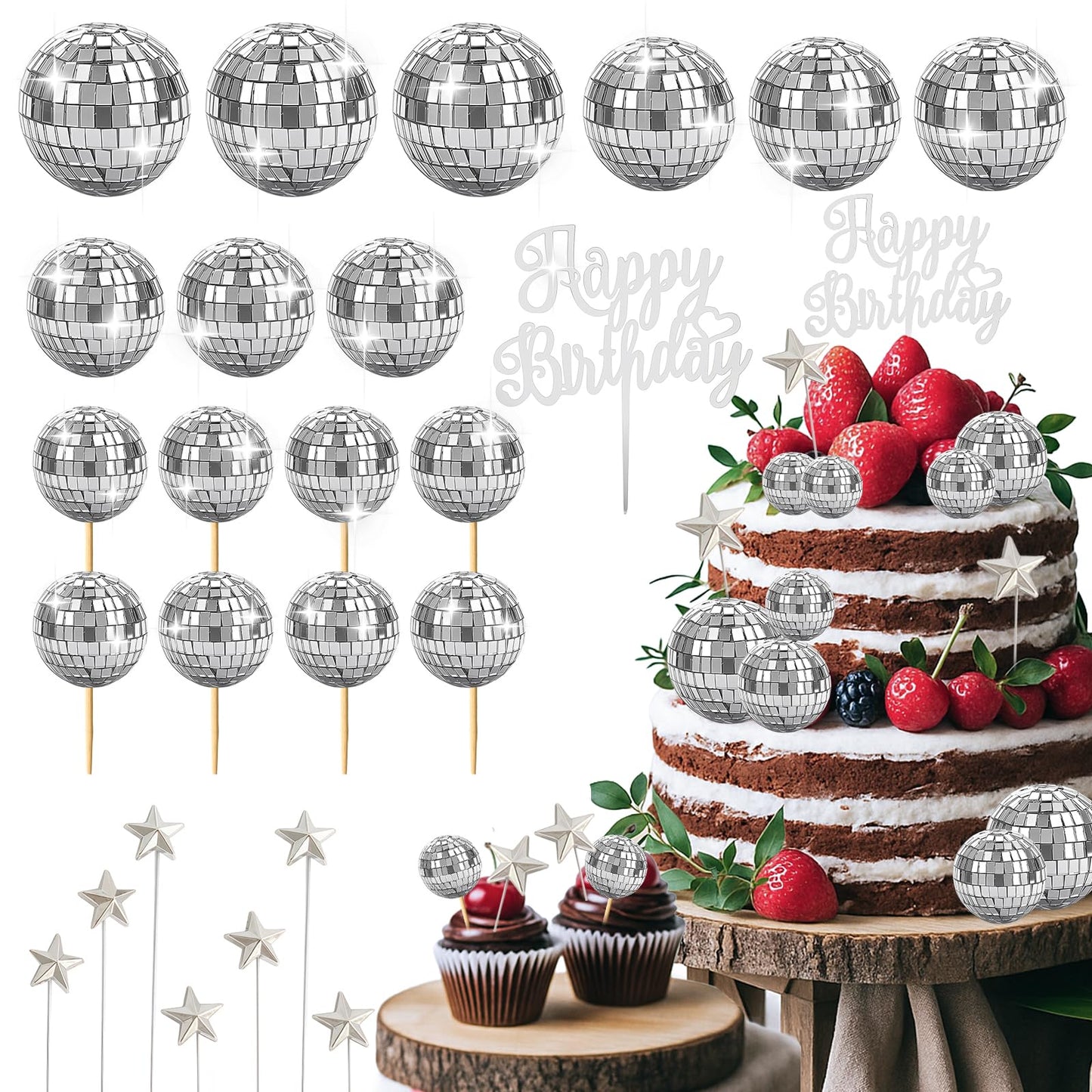 28 Pcs Disco Ball Cake Topper Retro 1970s Disco Ball Cupcake Toppers