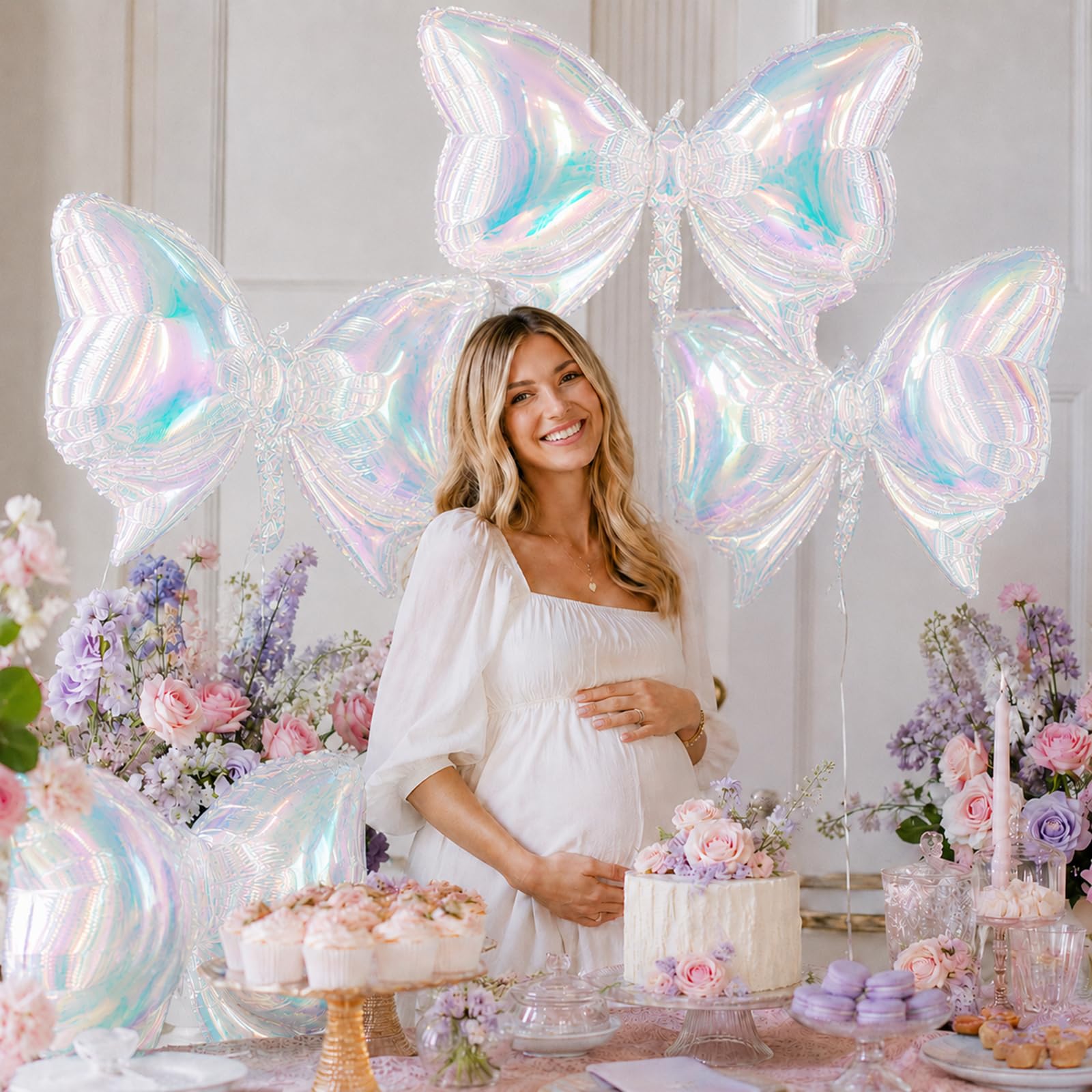 Iridescent Bow Balloons, 4 Pcs Clear Rainbow Holographic Foil Balloons