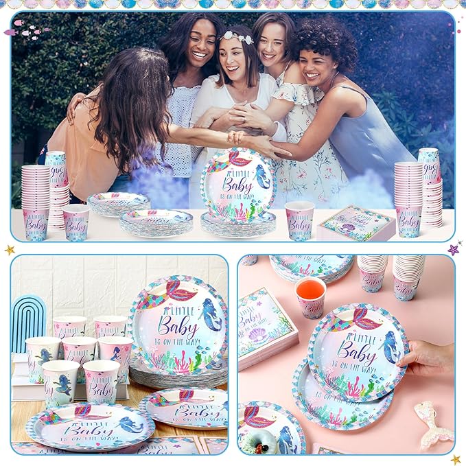200 Pcs Mermaid Baby Shower Paper Plates Napkins Cups Under the Sea