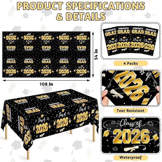 QZYL 4 Pack Graduation Decorations, 54" x 108" Black and Gold