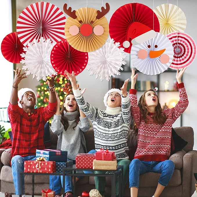 Christmas Hanging Paper Fans Decoration Red White Xmas Snowman Party
