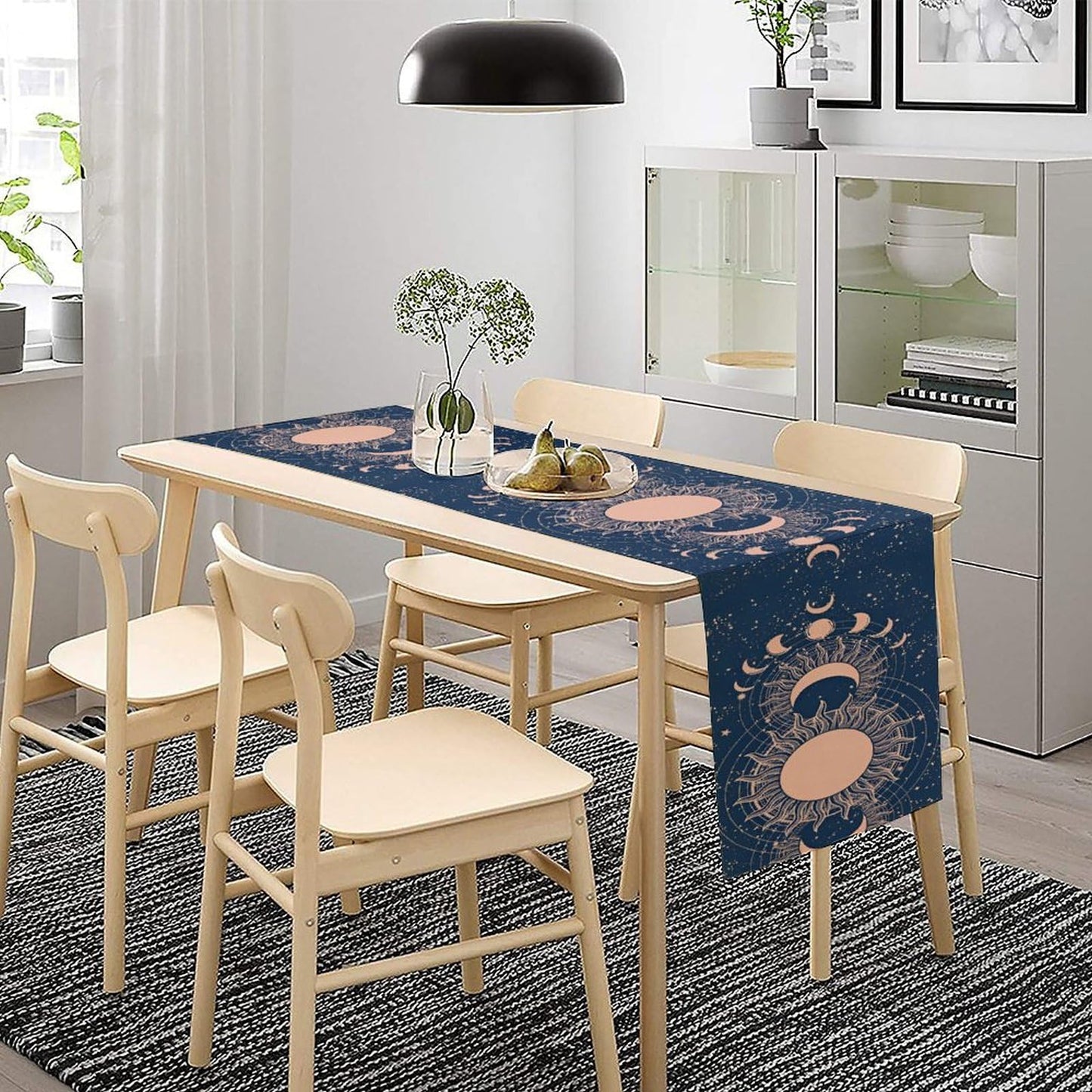 Moon Sun Table Runner, Mystical Blue Space Galaxy W13"x L60" Moon Sun