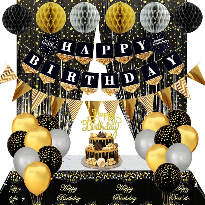Black & Gold Party Decorations Happy Birthday Banner Balloons