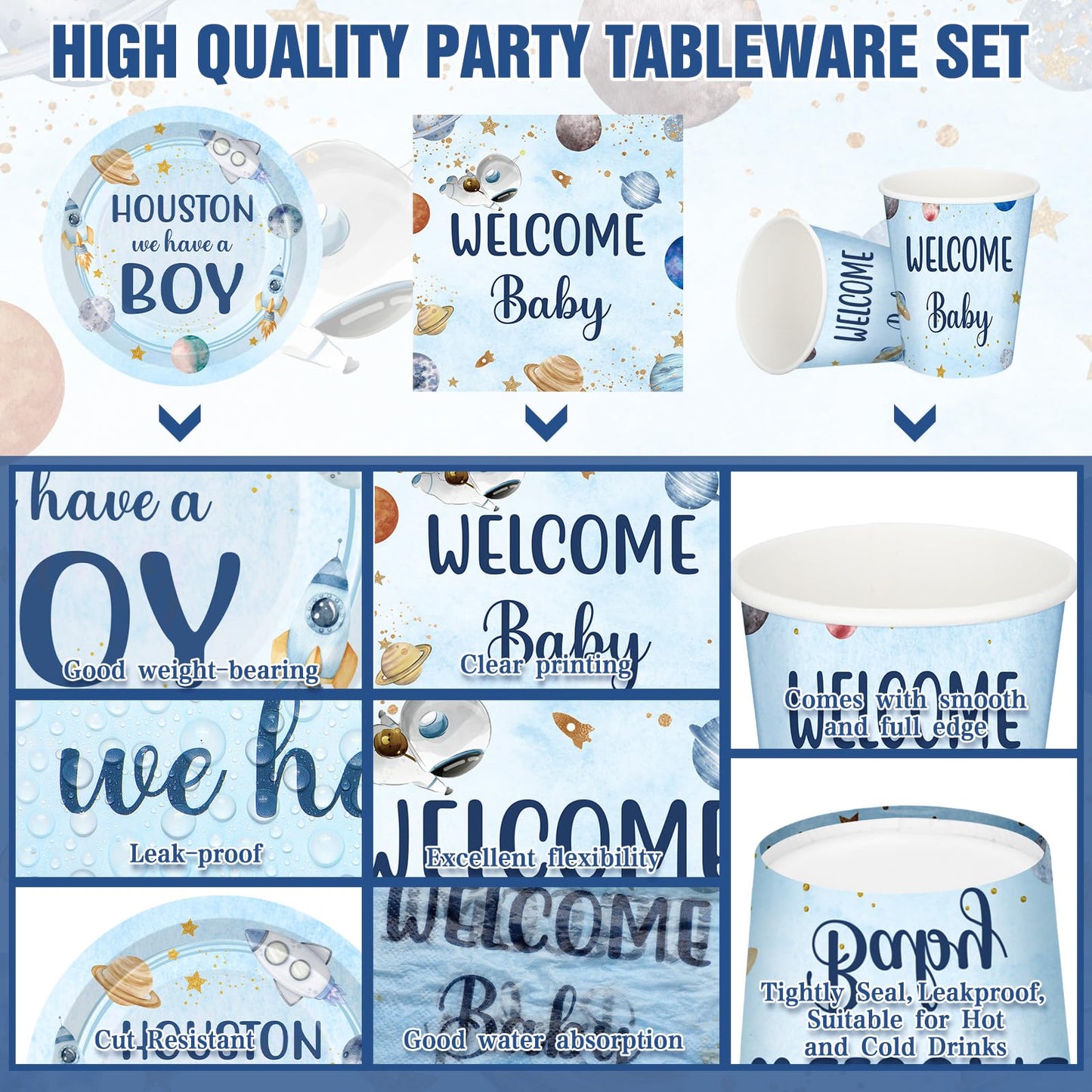 Hushee 200 Pcs Outer Space Baby Shower Paper Plates Napkins Cups Baby