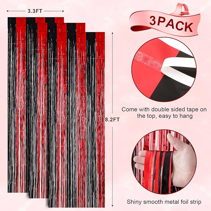 Voircoloria 3 Pack 3.3x8.2 Feet Red and Black Foil Fringe Backdrop
