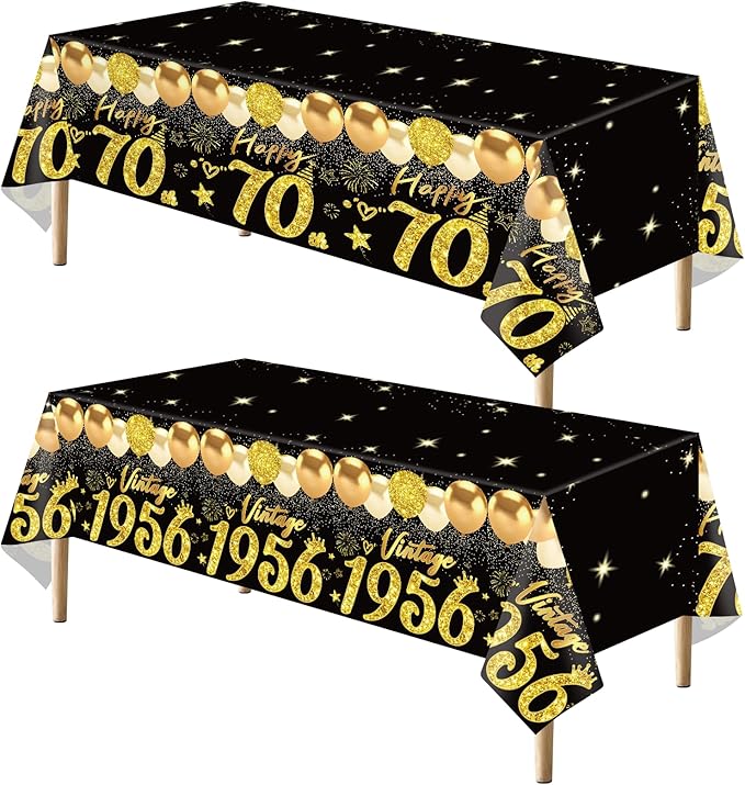 Uiorgui 2pcs 70th Birthday Tablecloth, Black Gold 70th Birthday