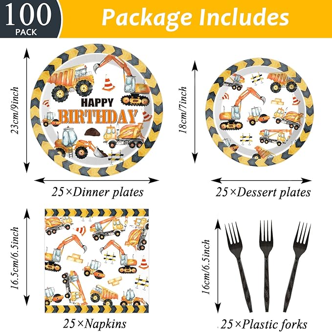 100 Pcs Construction Birthday Party Plates and Napkins Set Dump