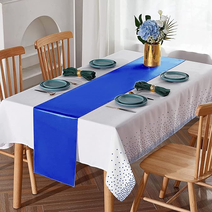 8Pack Disposable Plastic Tablecloths and Satin Table Runner White and