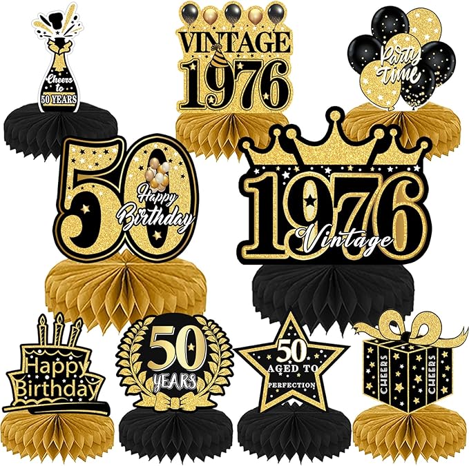 50th Birthday Decorations for Men - 9Pcs Black Gold 50th Birthday