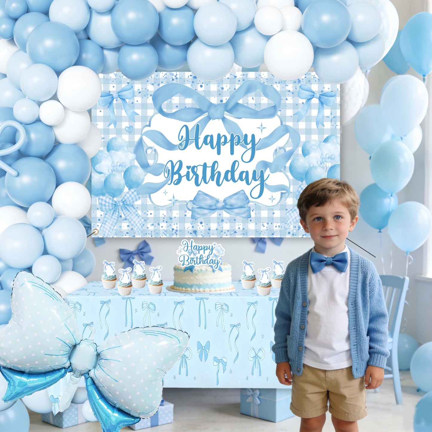 Blue Bow Birthday Decorations for Girls, Coquette Party Supplies with