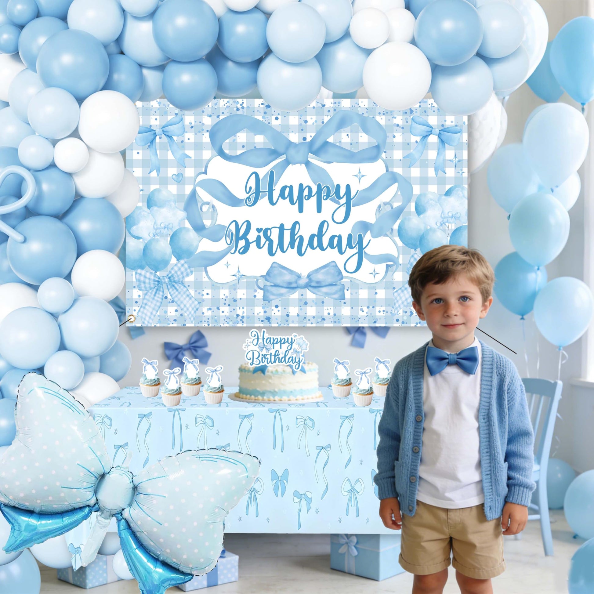 Blue Bow Birthday Decorations for Girls, Coquette Party Supplies with