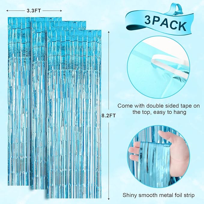 Voircoloria 3 Pack 3.3x8.2 Feet Light Blue Foil Fringe Backdrop