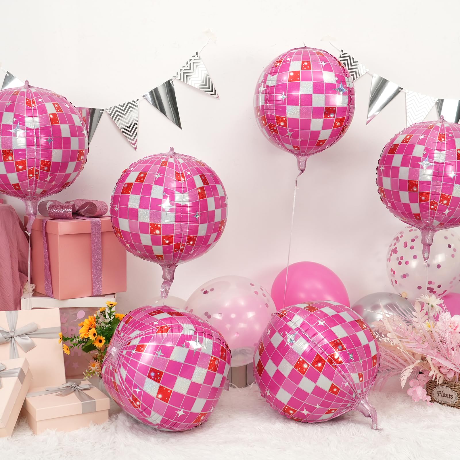 Disco Ball Balloons Pink 4PC,Foil Disco Balloons 22 Inch 4D Round Pink