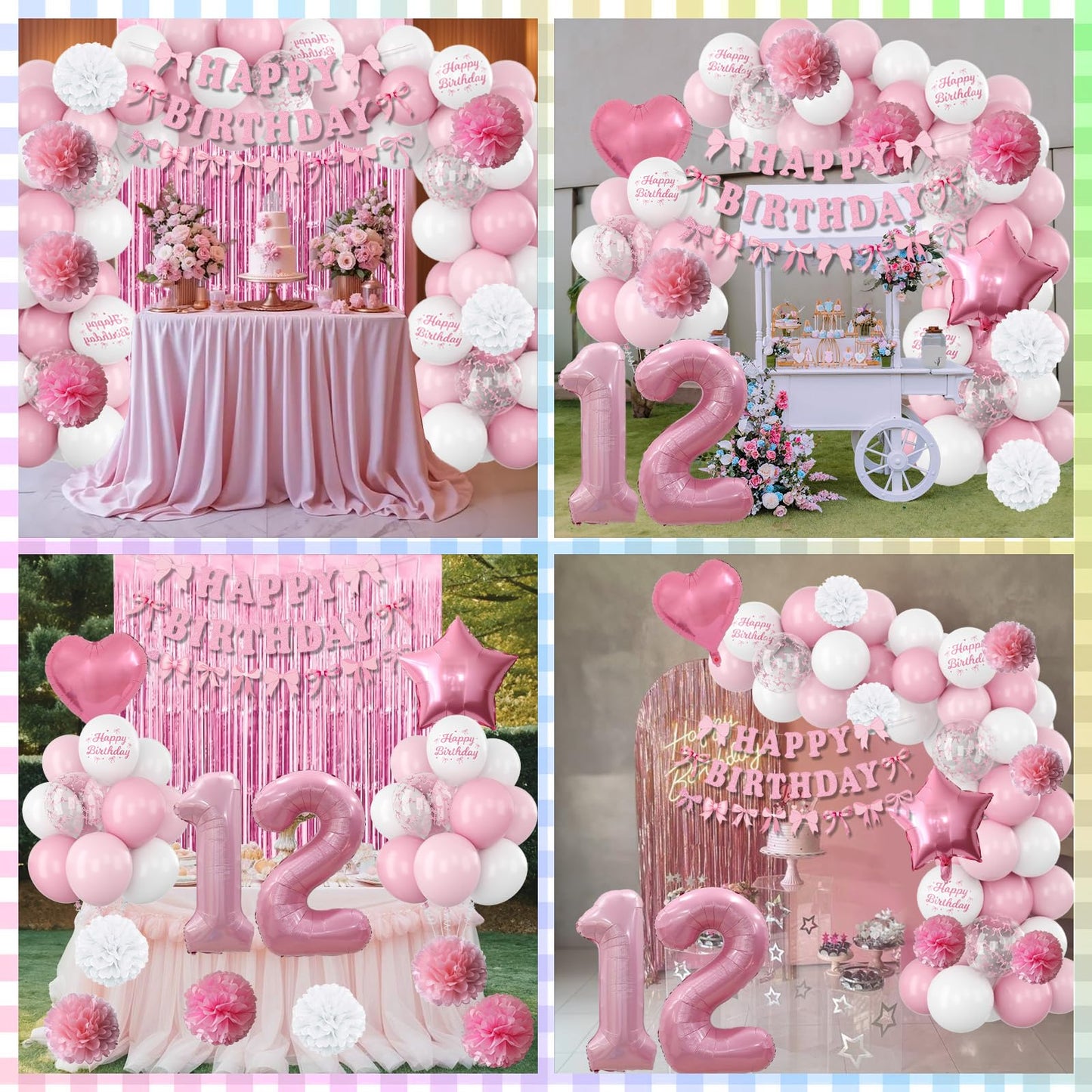 12th Birthday Decorations for Girls Pink Number 12 Balloon Bow