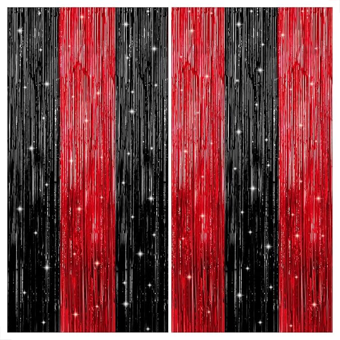 KatchOn Red and Black Fringe Curtain - 6.4x8 Ft Pack of 2 | Red and