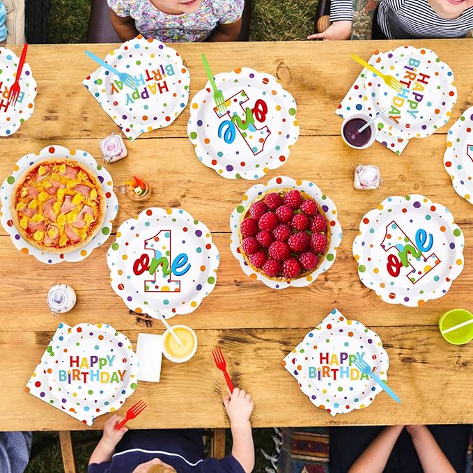 96Pcs Happy 1st Birthday Party Supplies Colorful Polka Dots 1st