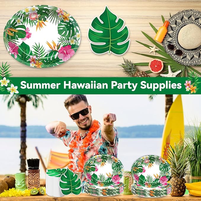 50PCS Hawaiian Luau Party Oval Paper Plates Green Leaf Shape Napkins