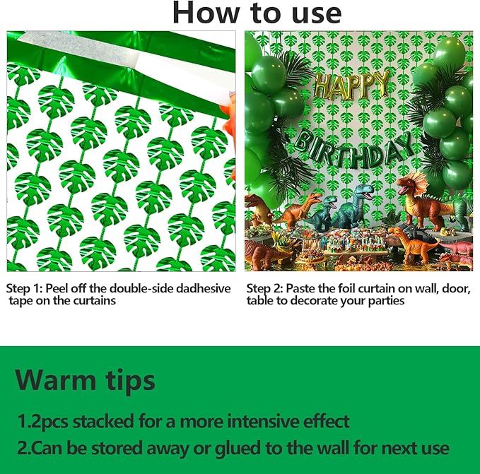 2 Packs Jungle Leaf Foil Fringe Curtain, Green Glitter Tropical Palm