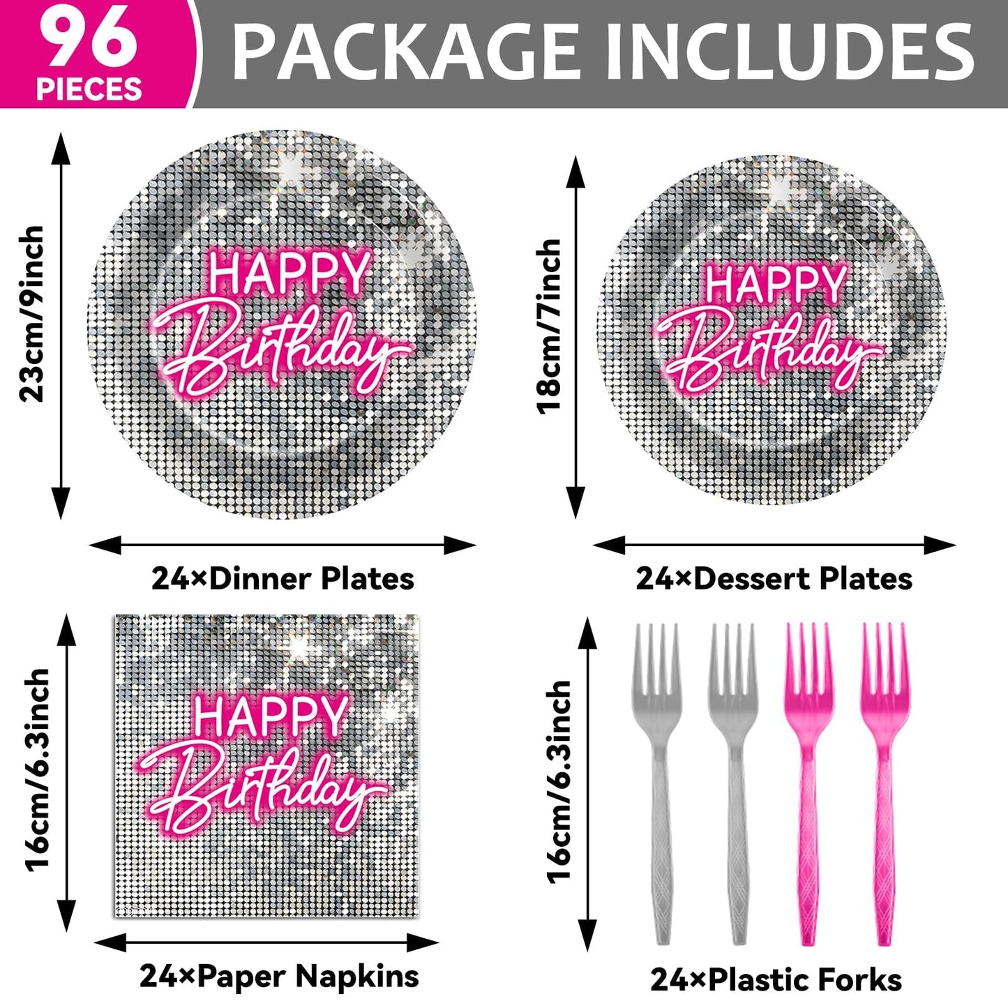 96PCS Silver Sequins Pink Neon Birthday Paper Plates and Napkins