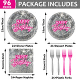 96PCS Silver Sequins Pink Neon Birthday Paper Plates and Napkins