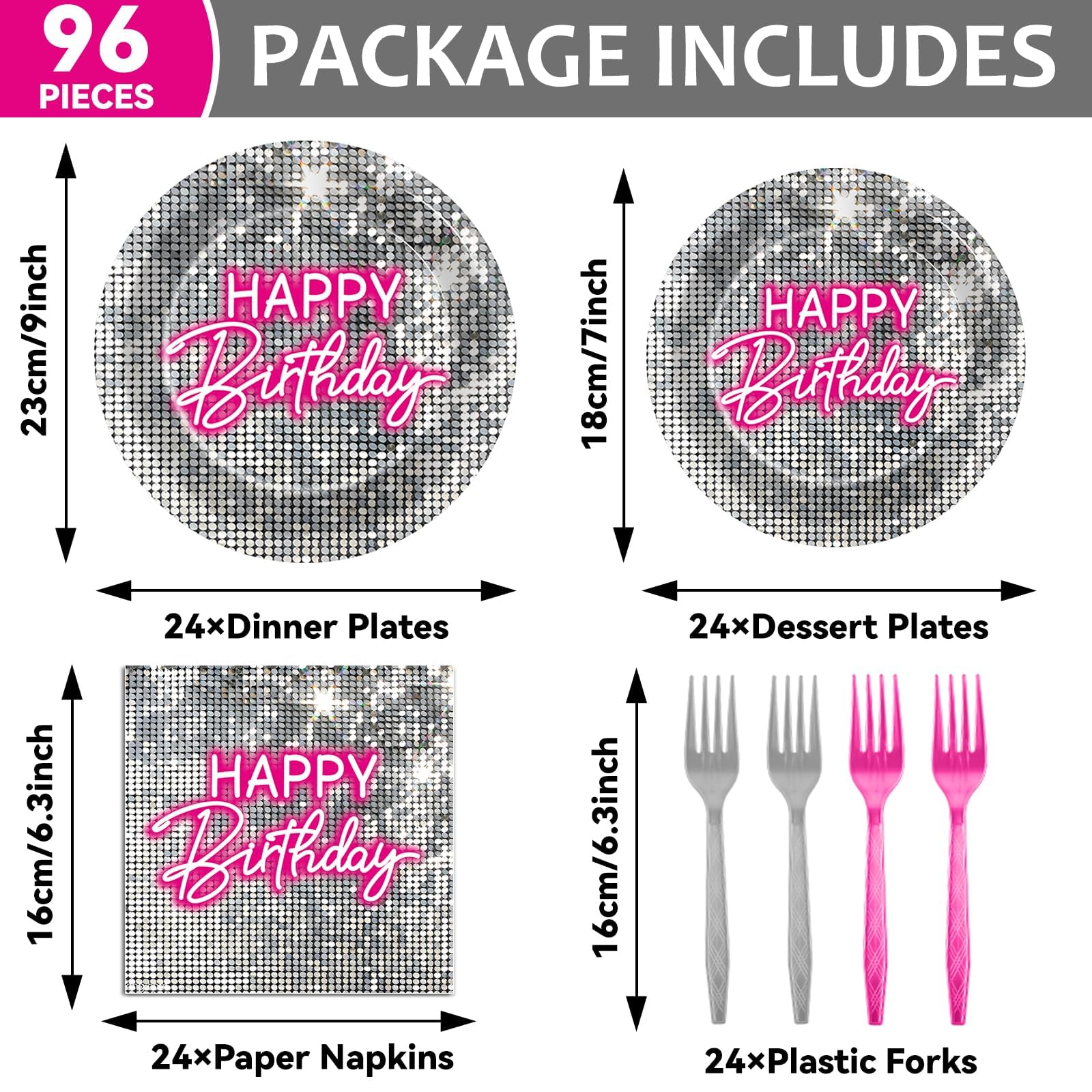 96PCS Silver Sequins Pink Neon Birthday Paper Plates and Napkins