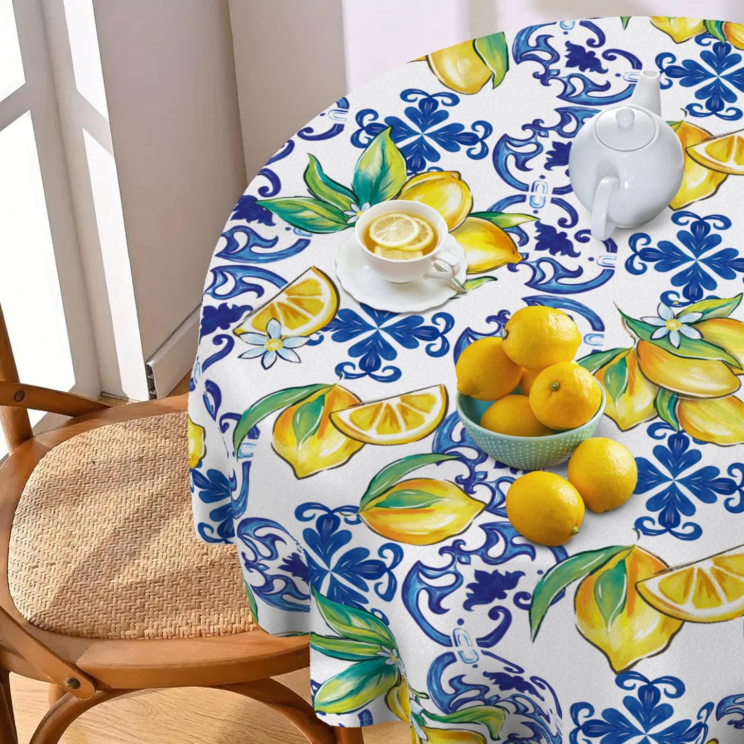 Livcoz Blue Lemon Italy Tile Pattern Round Tablecloth 70 x 70 Inches,