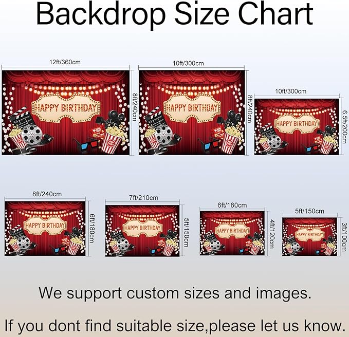 10x6.5ft Movie Night Birthday Backdrop Red Curtain Popcorn Film Reel