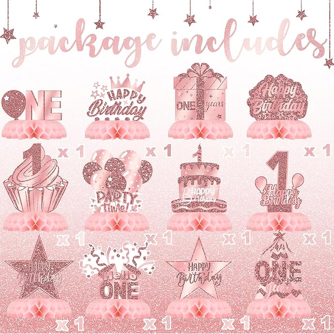 Pink 1st Birthday Table Centerpieces for Baby Girls Rose Gold
