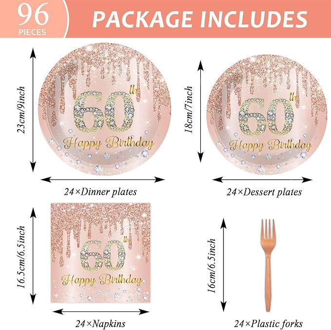 96 Pieces 60th Birthday Party Tableware Set for Pink Rose Gold 60th