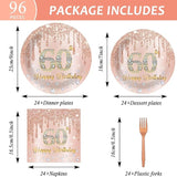 96 Pieces 60th Birthday Party Tableware Set for Pink Rose Gold 60th