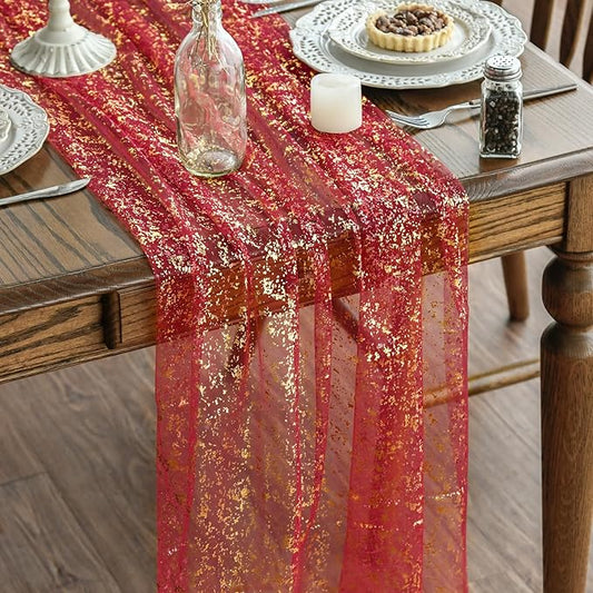 Artoid Mode Red Gold Gauze Table Runner 120 Inch 10FT, Glitter