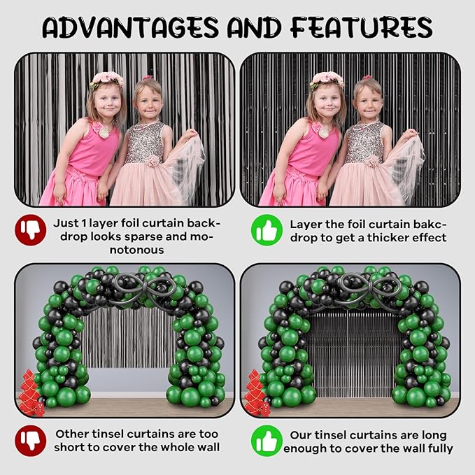 Voircoloria 2 Pack Black Foil Fringe Backdrop Curtains, Tinsel