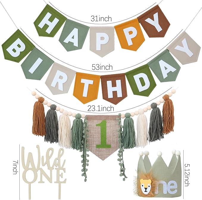 Wild One High Chair Banner Brown Green Felt Happy Birthday Banner