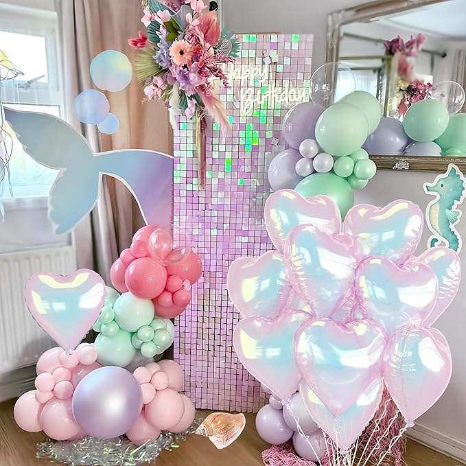 Iridescent Heart Balloons, 9PCS 18Inch Transparent Laser Heart Foil