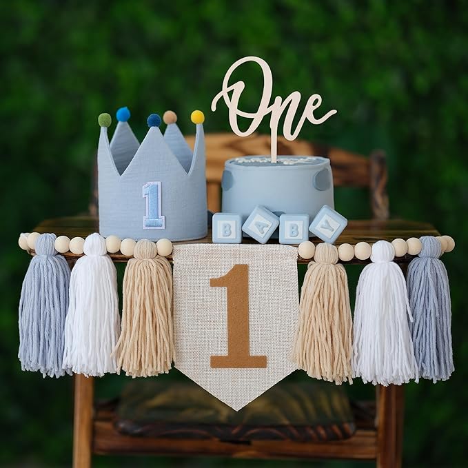 Baby First Birthday Party Decorations Blue High Chair Banner Crown