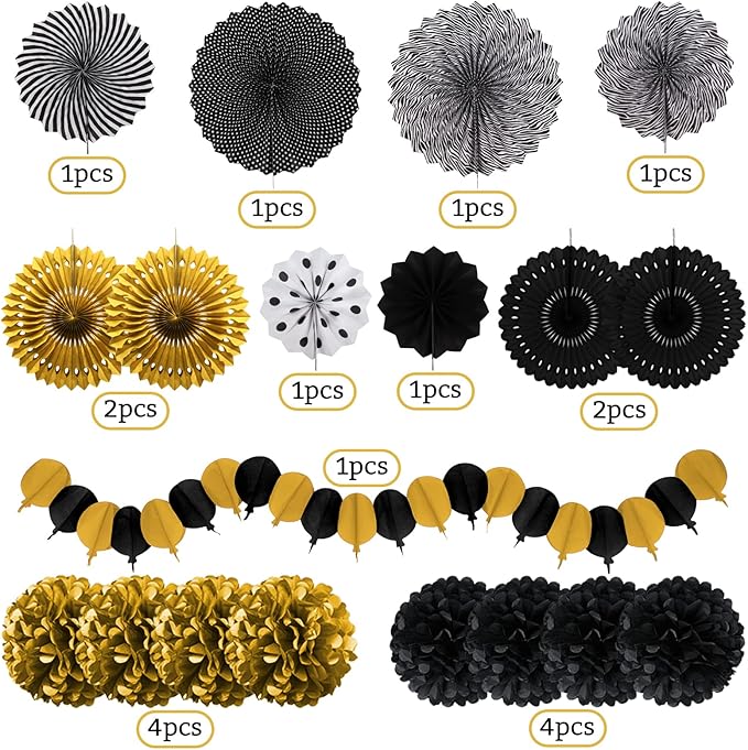 Black and Gold Decorations, Paper Pompoms Fan for Graduation Birthday