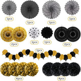 Black and Gold Decorations, Paper Pompoms Fan for Graduation Birthday