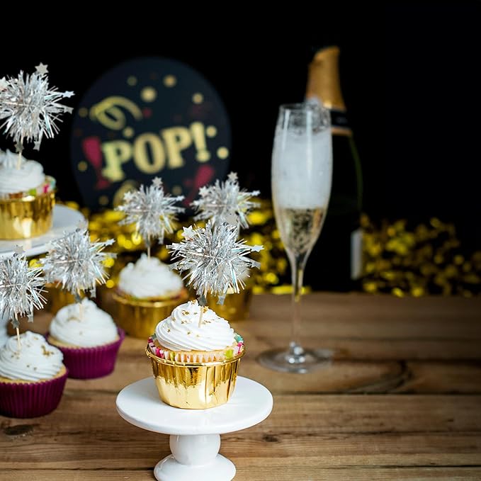 Gyufise 30Pcs Foil Firework Cupcake Toppers Sparkle Tinsel Star Cake