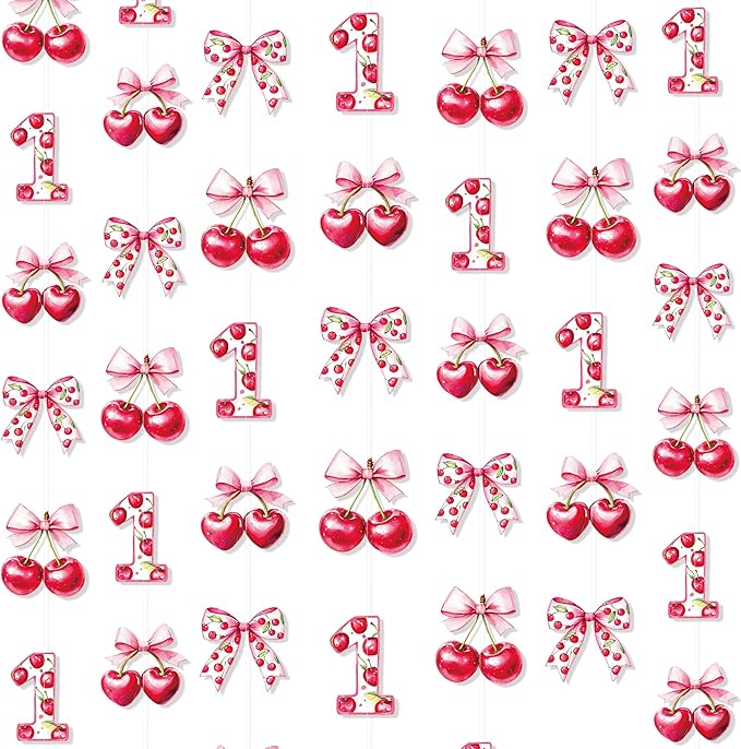 Cherry 1st Birthday Decorations Sweet Floral Cherries Pink Bow