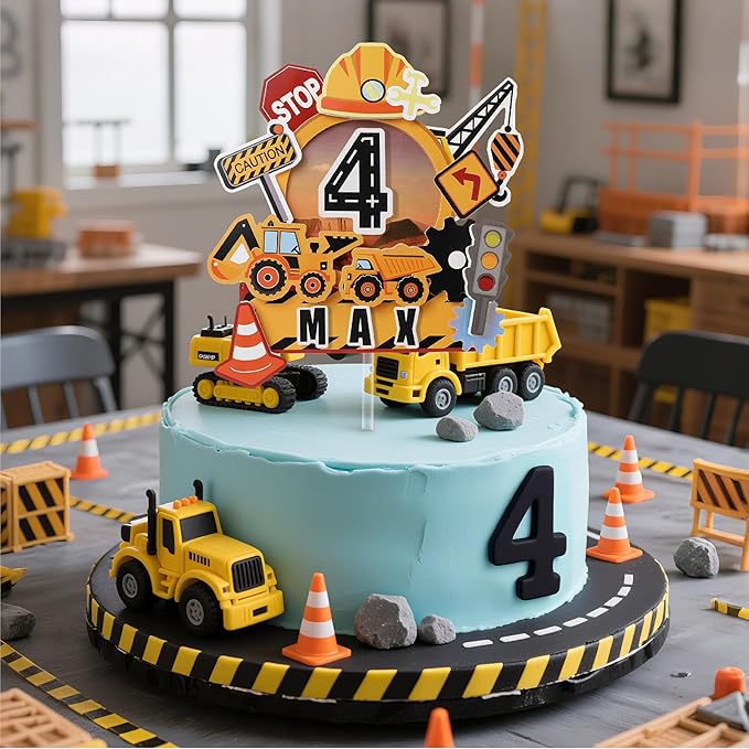 Construction Personalized Cake Topper 3D Dump Truck Crane Theme with