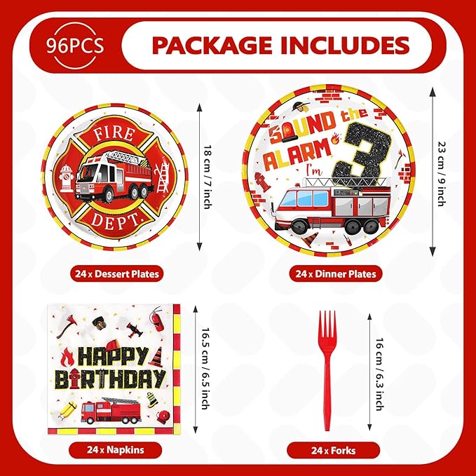 96Pcs Fire Truck 3rd Birthday Decorations Firefighter 3rd Birthday