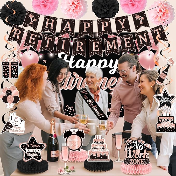 22Pcs Rose Gold Retirement Party Decorations for Women Happy