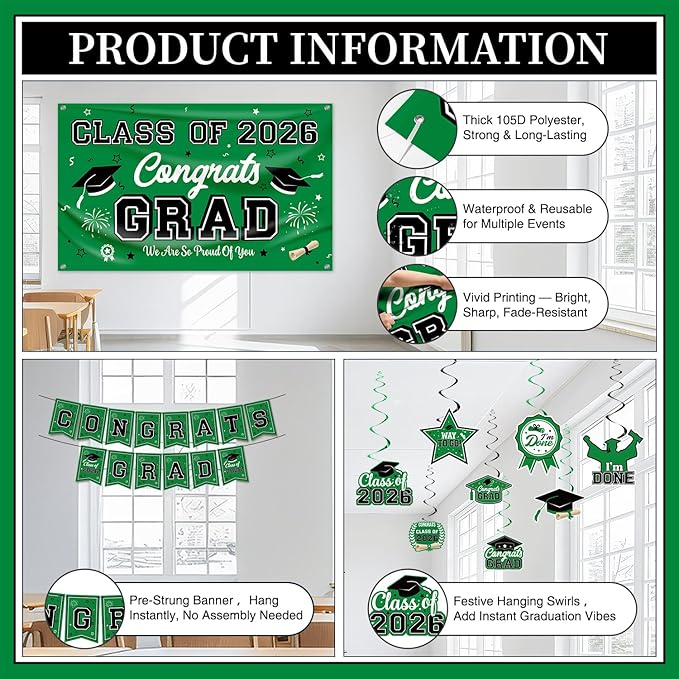 Graduation Decorations 2026 Green Graduation Party Decor Set include