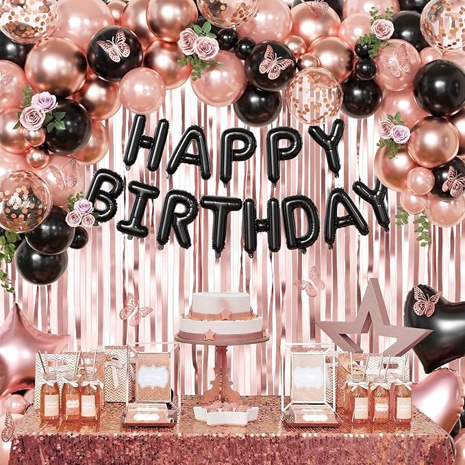 Rose Gold and Black Birthday Decorations for Women Girls Pearl