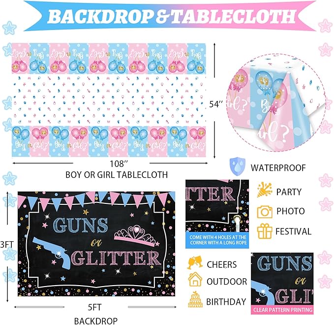 Guns or Glitter Gender Reveal Decorations 169 PCs Boy or Girl Gender