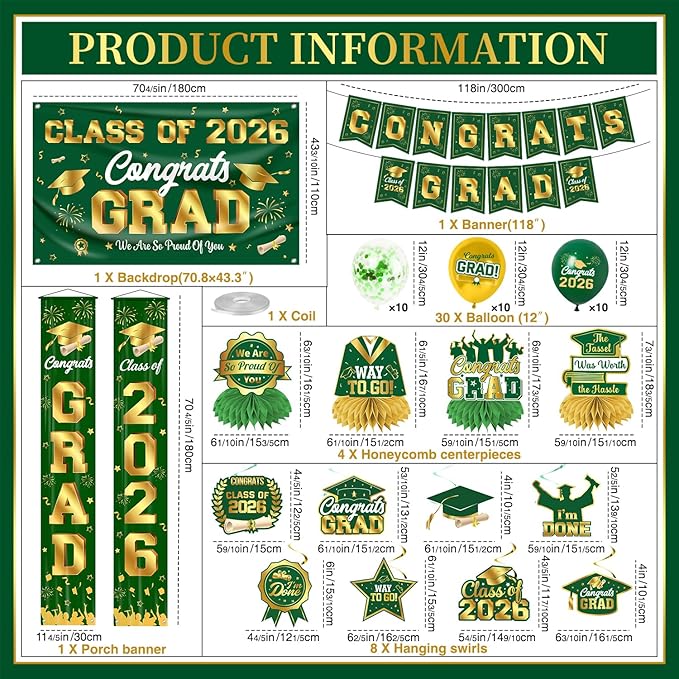 Graduation Decorations 2026 Green and Gold Graduation Party Decor Set