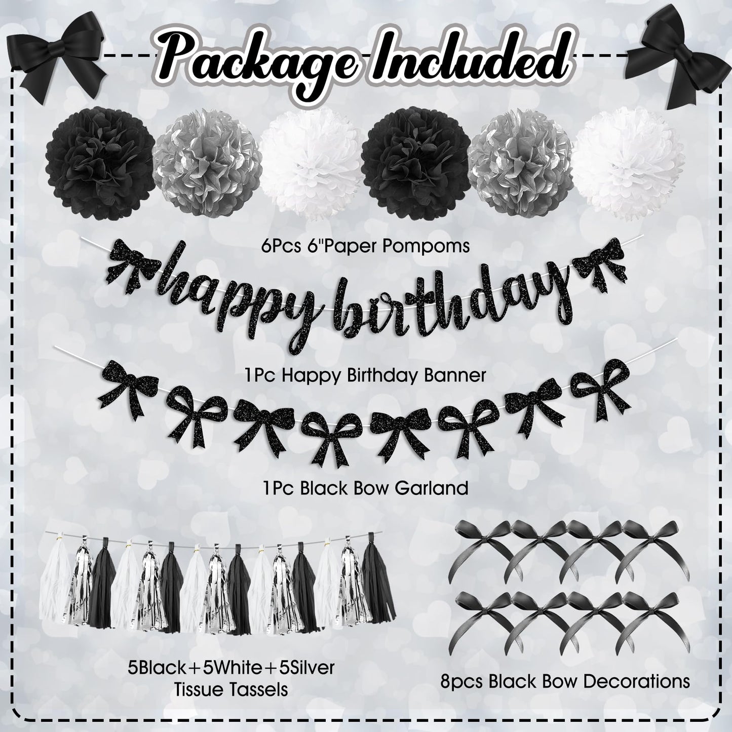 Black Bow Birthday Party Decorations, Coquette Bow Black and White