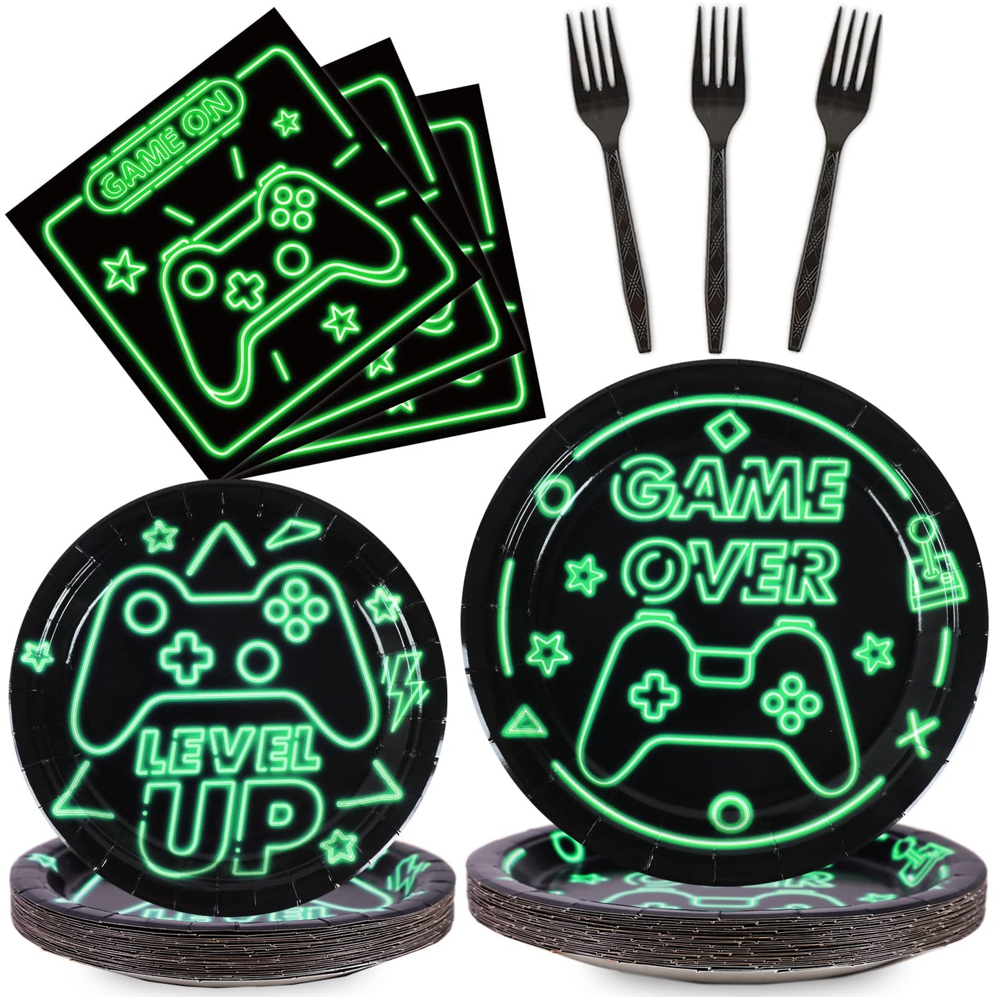 96pcs Video Game Party Supplies Tableware Set Neon Game On Paper