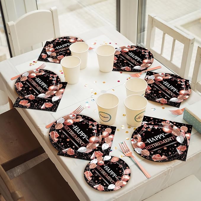 96 Pcs Retirement Party Plates and Napkins Set Rose Gold Happy
